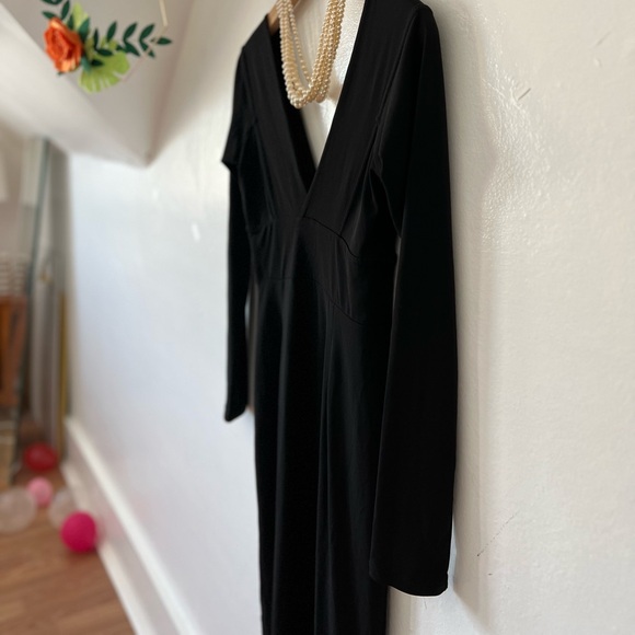 EUC Moda International S black deep v neck dress long sleeve dance date night - Picture 3 of 10